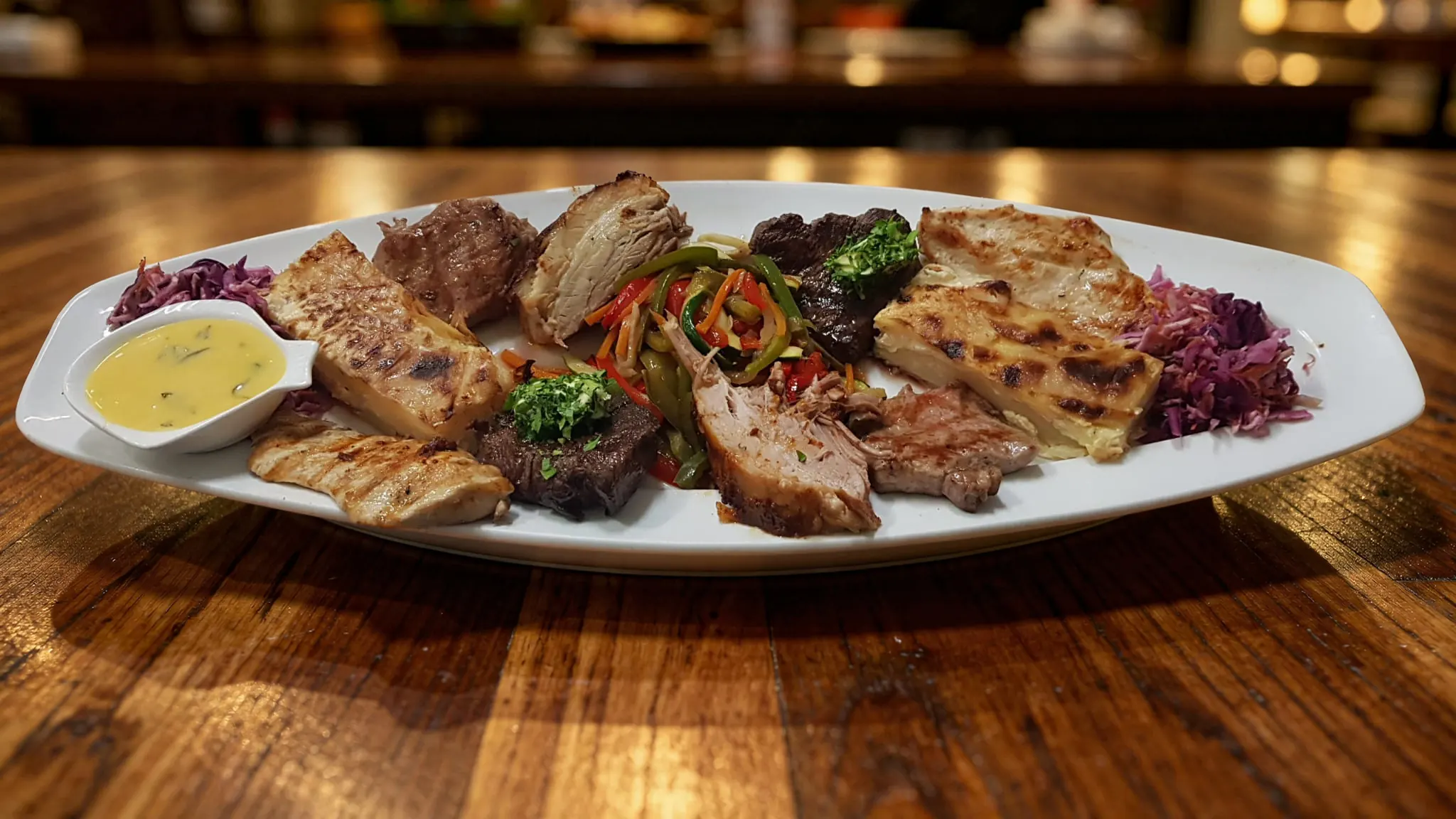 Plata Ća god (biftek, teleći ribeye, svinjska rebra, punjeni pileći file sa žara, pečeni krumpir, gratinirani krumpir, povrće)
